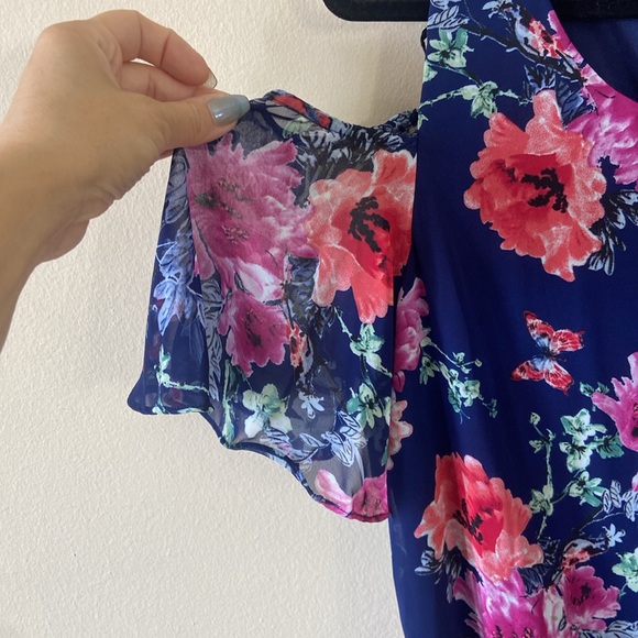New Blue Pink Floral Dress R&K Macy's 12 Short Cold Shoulder Summer Spring Party - Picture 3 of 8